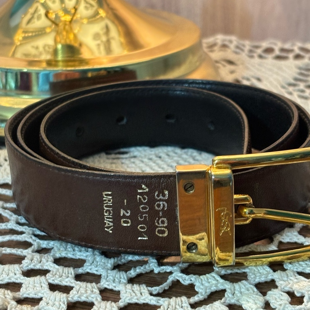 Yves Saint Laurent Solid Brass Buckle Reversible Brown Black Leather Belt